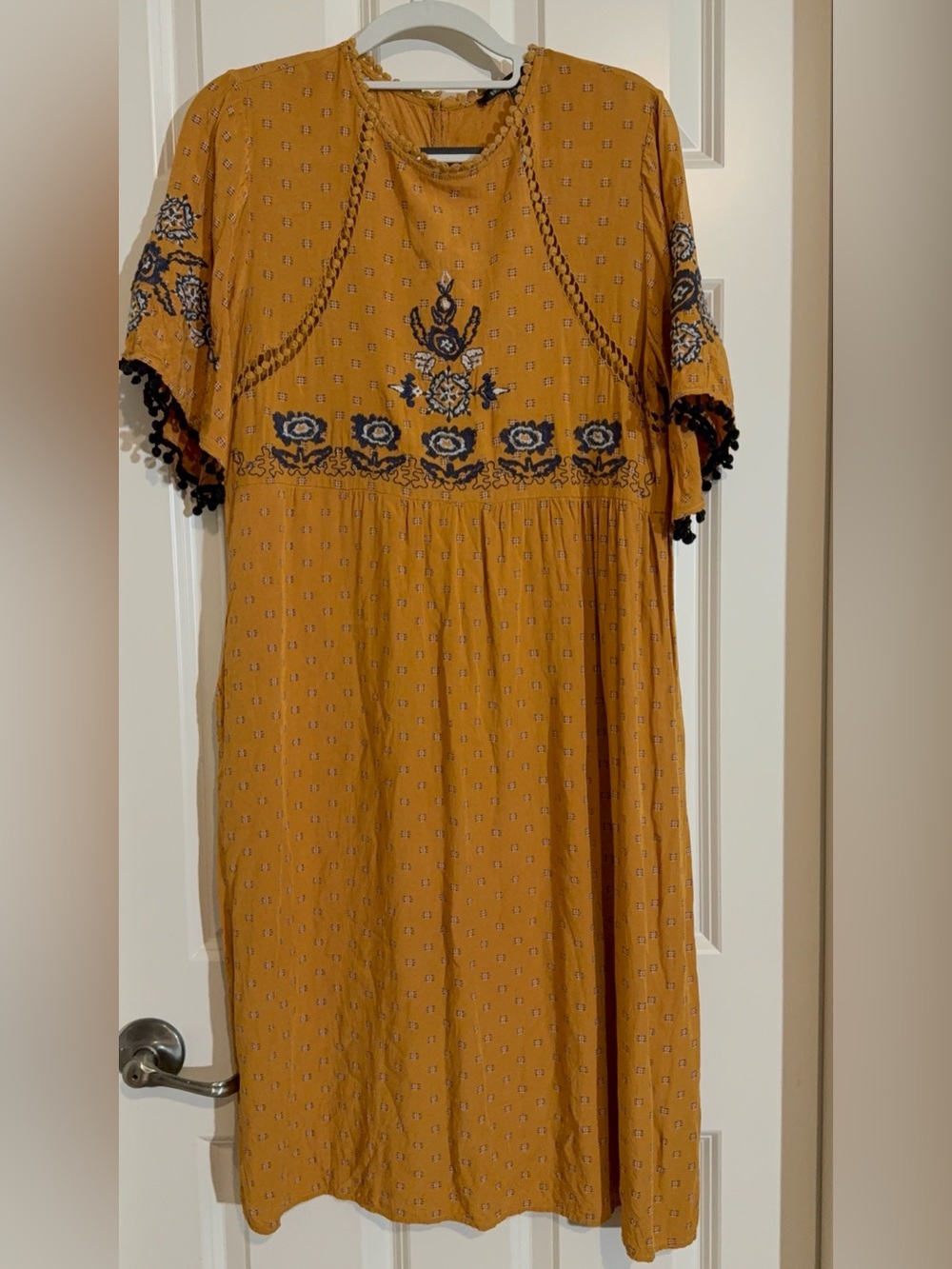 Mustard Embroidered Midi Dress with Navy Trim